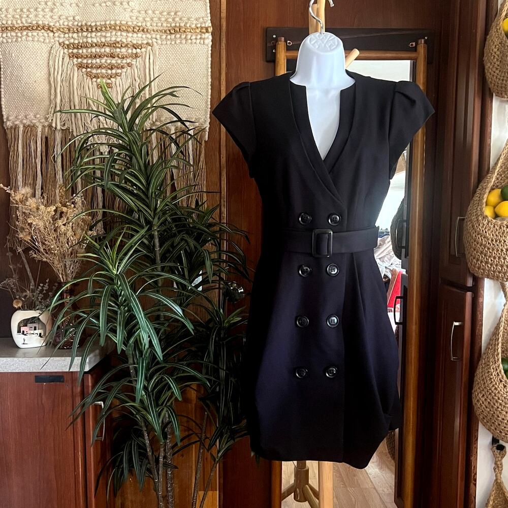 Nanette Lepore Casino Royale Blazer Dress 8 Black Belted Bubble Hem Mini Y2K USA